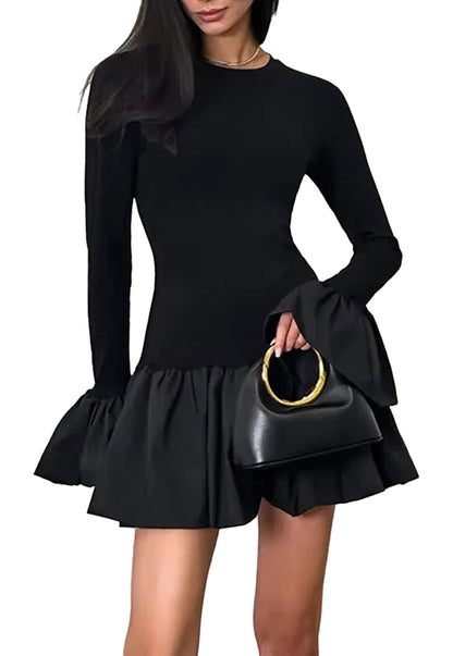 Black flare sleeve mini dress for women with a flared skirt and elegant design