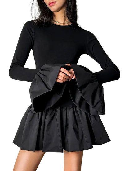 LuckeLadybug LLC flare sleeve mini dress for women in black with a fitted top and flared skirt