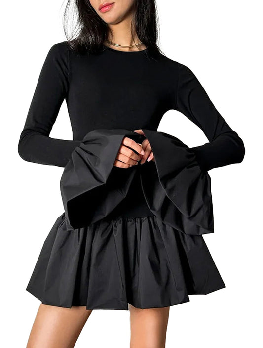 LuckeLadybug LLC flare sleeve mini dress for women in black with a fitted top and flared skirt