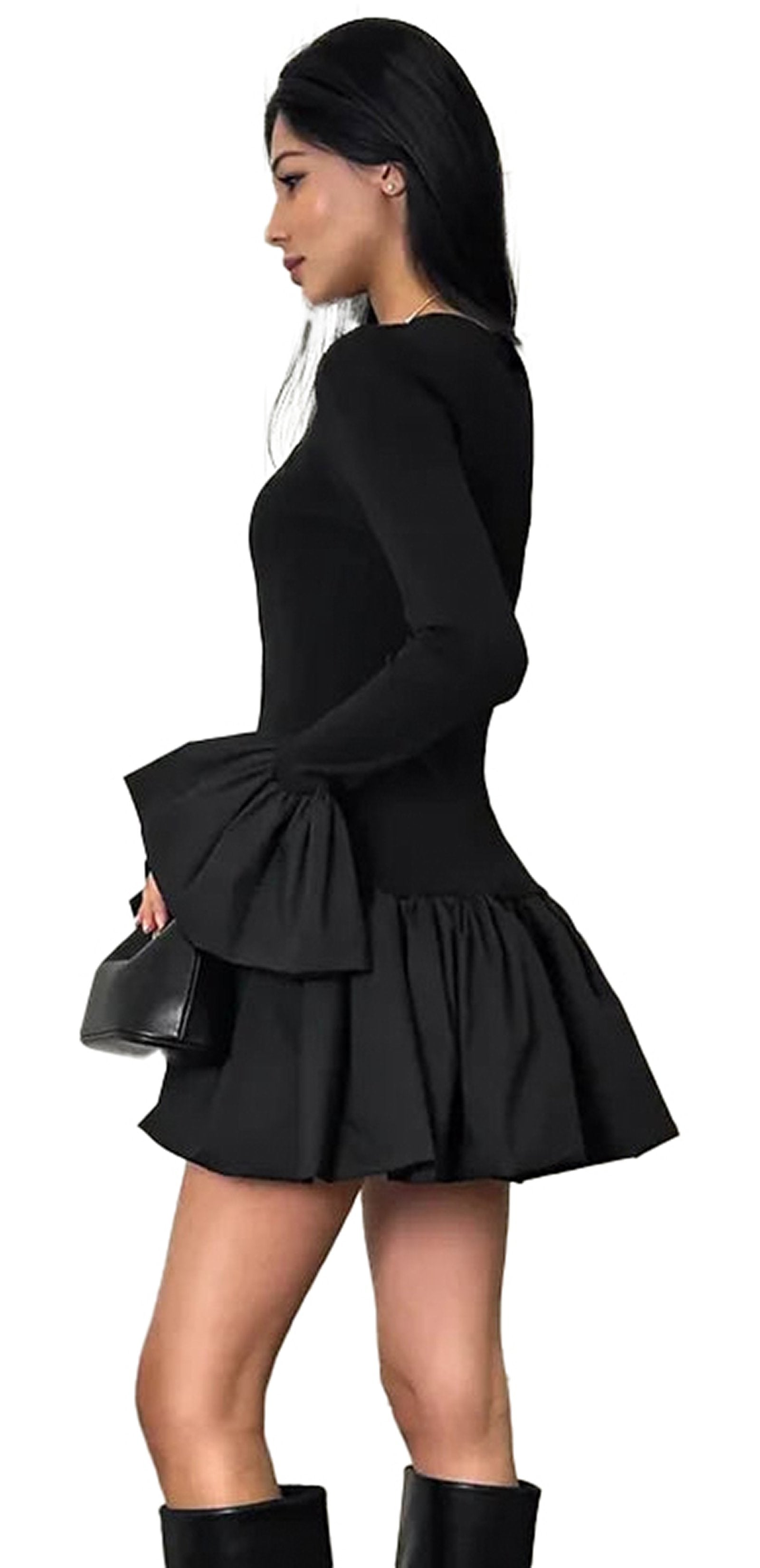 LuckeLadybug LLC flare sleeve mini dress for women in black with ruffled hem and elegant sleeves