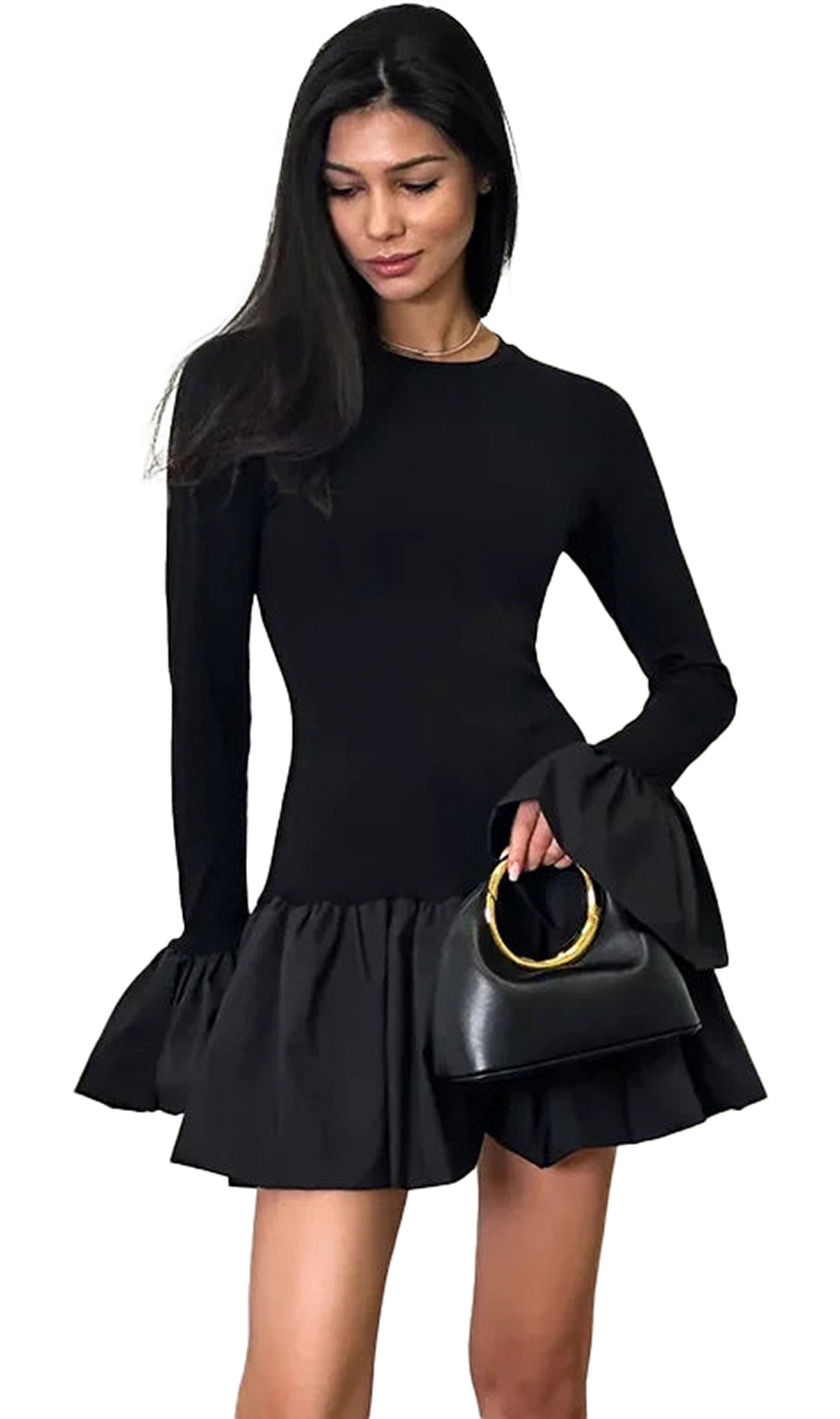 LuckeLadybug Women's Flare Sleeve Mini Dress in Black with Ruffled Hem and Long Sleeves