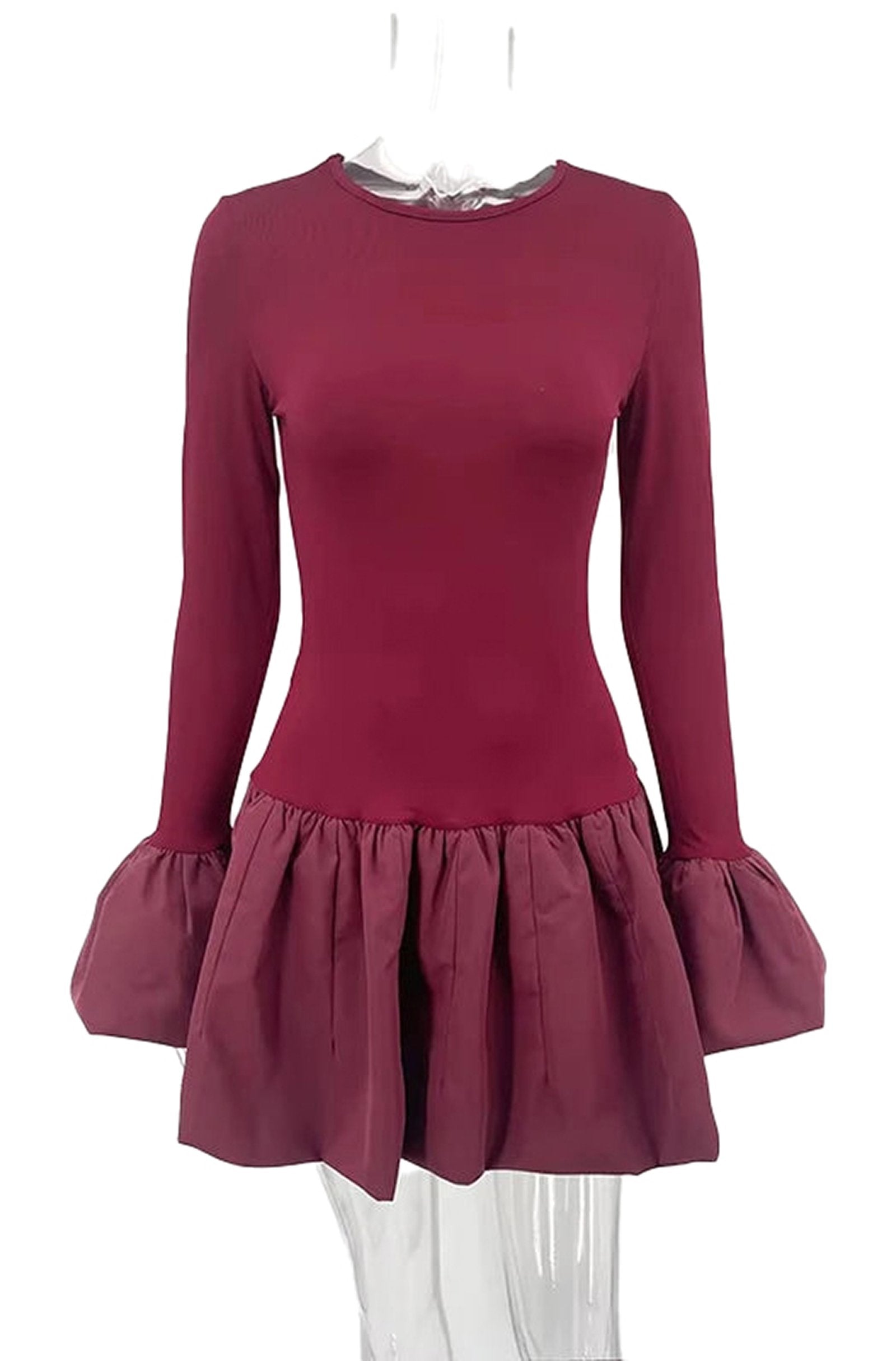 Burgundy flare sleeve mini dress for women with a fitted bodice and a flared skirt for a stylish look