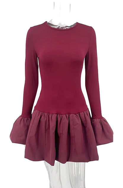 Burgundy flare sleeve mini dress for women with a fitted bodice and a flared skirt for a stylish look