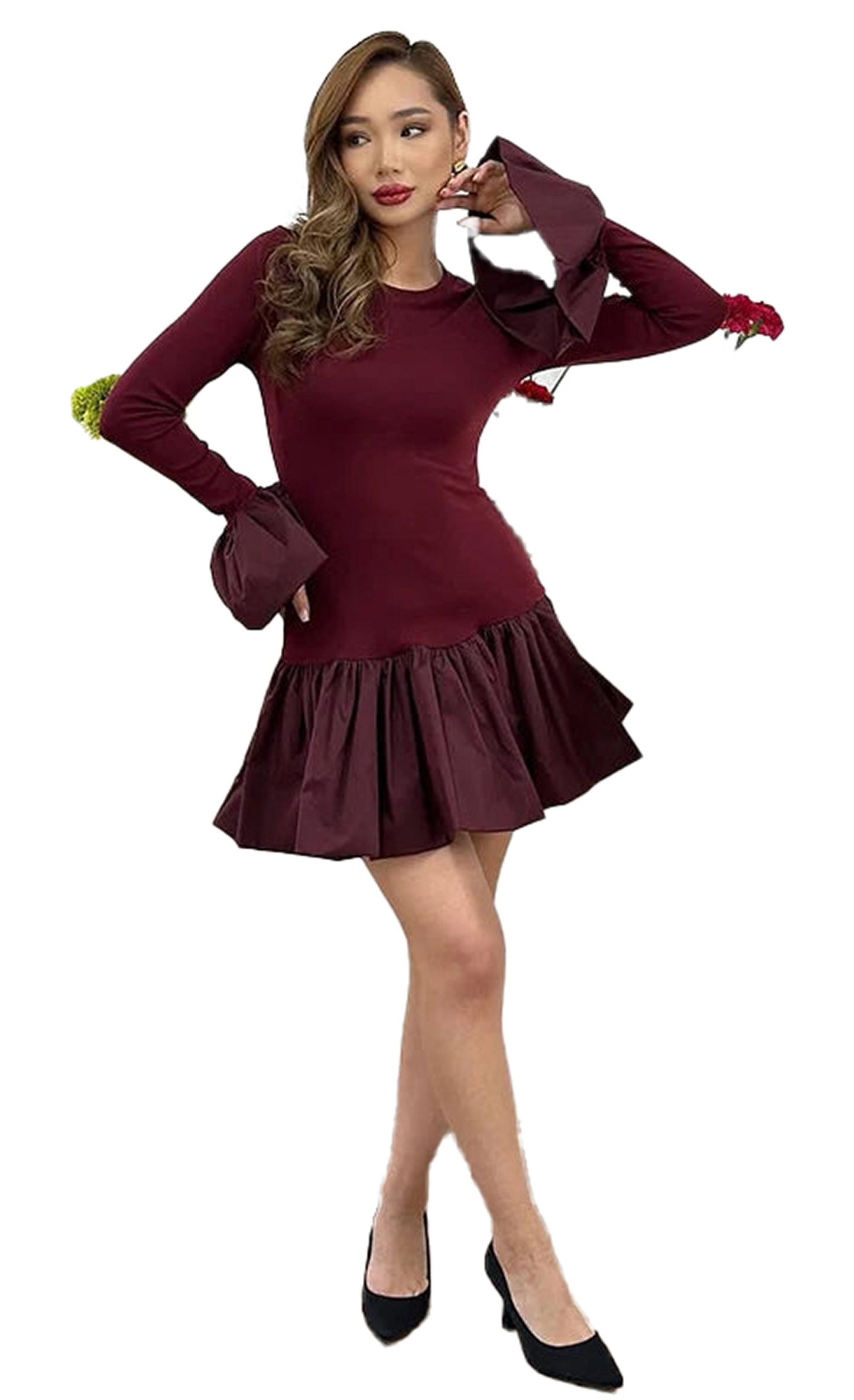 Burgundy flare sleeve mini dress for women with ruffled hem and stylish design by LuckeLadybug LLC