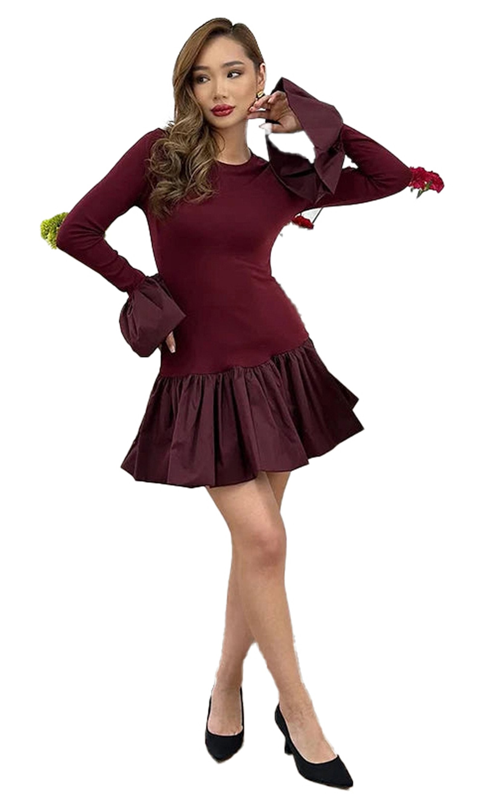 Burgundy flare sleeve mini dress for women with ruffled hem and stylish design by LuckeLadybug LLC