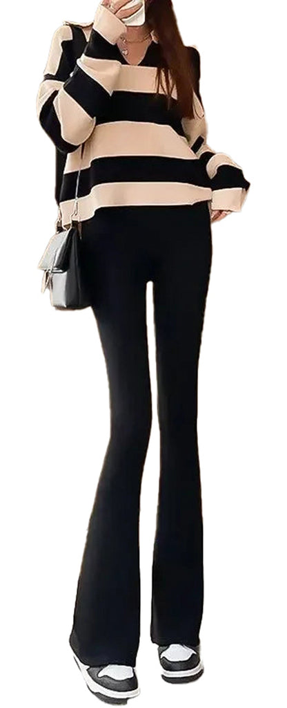 LuckeLadybug LLC gothic bell-bottom leggings for women in black, styled with a striped top for a chic look