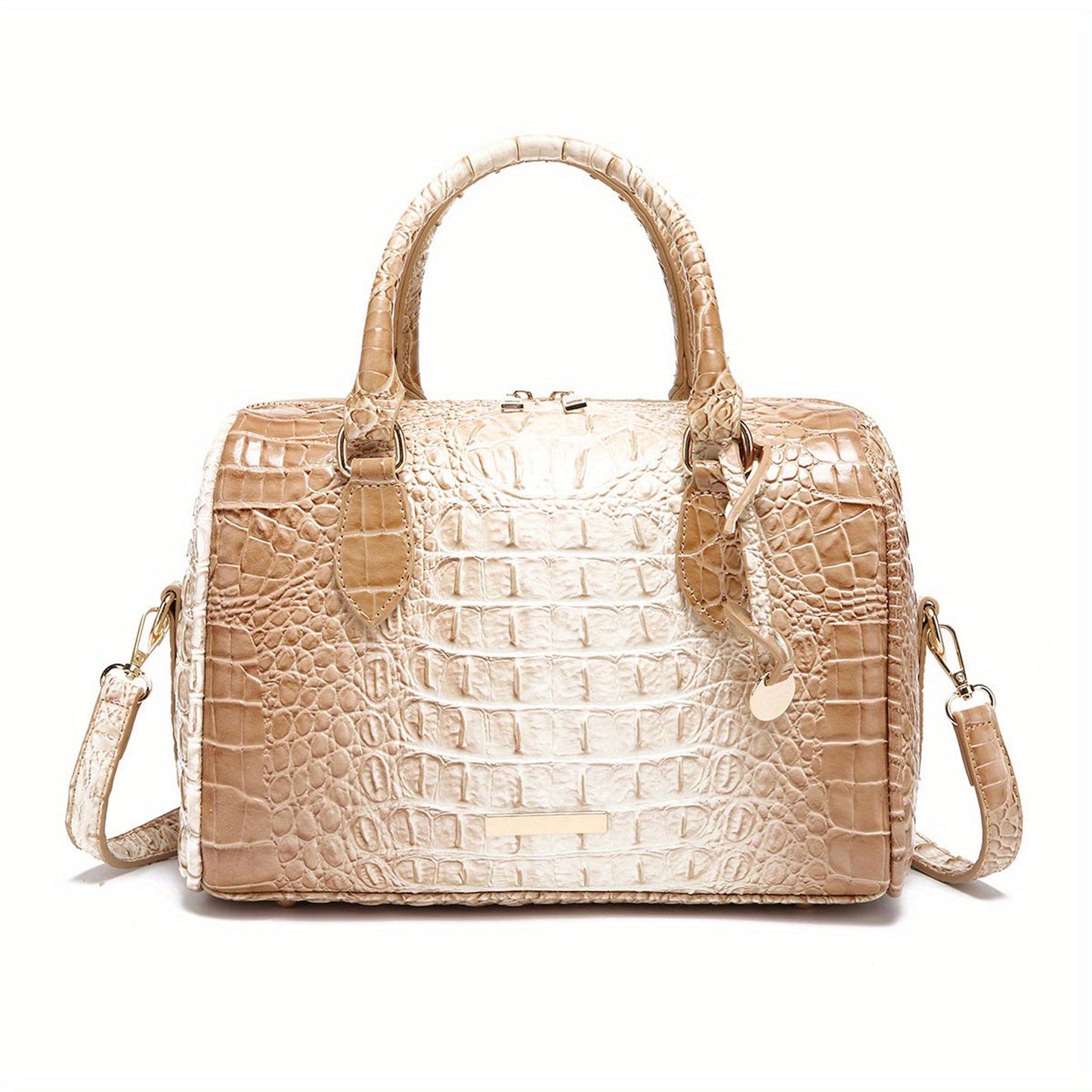 Stylish large capacity satchel bag for women in beige crocodile pattern with dual handles and adjustable strap