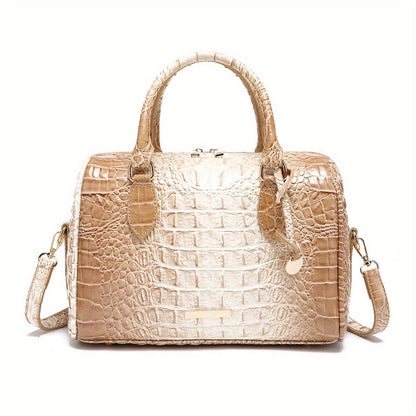 Stylish large capacity satchel bag for women in beige crocodile pattern with dual handles and adjustable strap