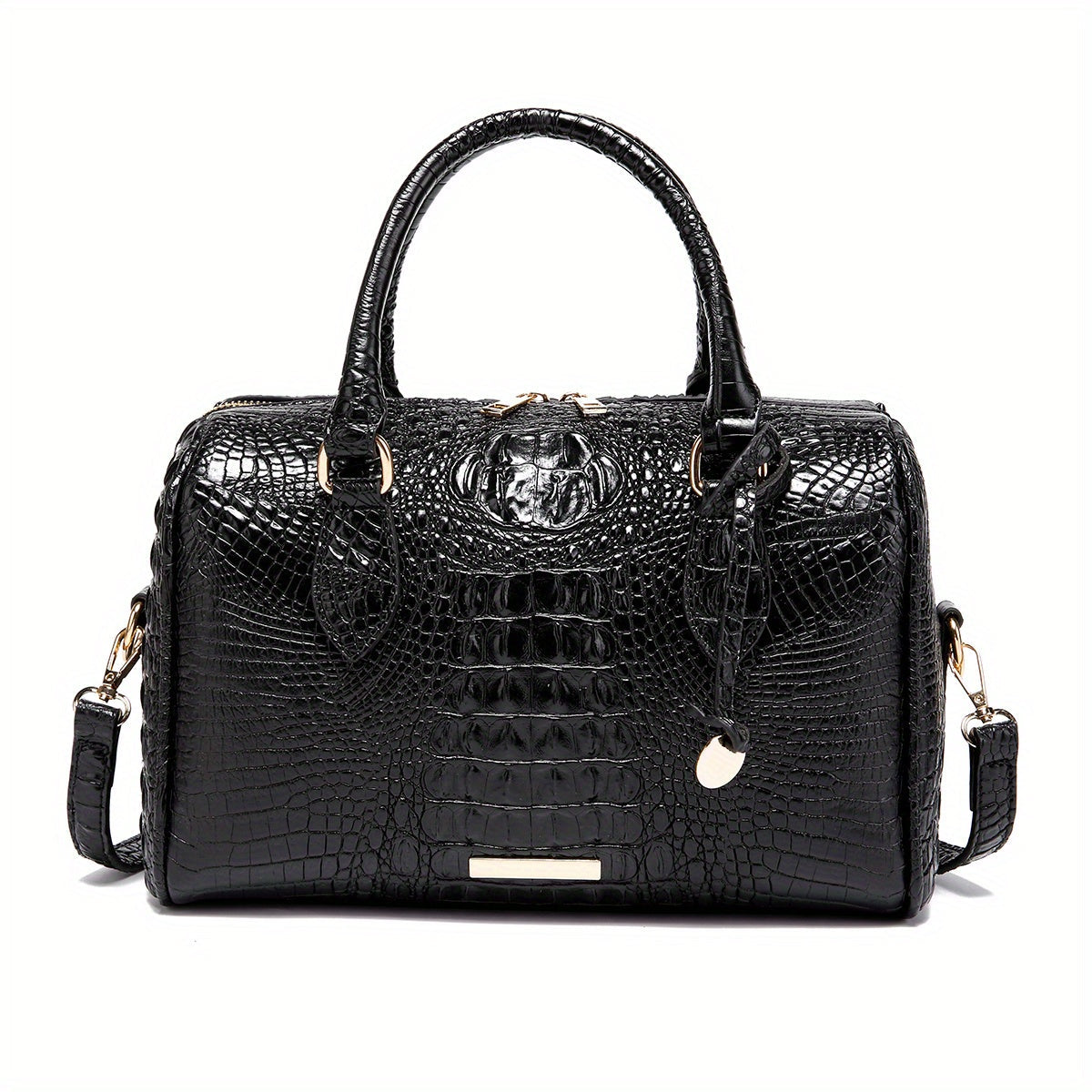 LuckeLadybug large capacity satchel bag for women in black faux crocodile leather with stylish handles