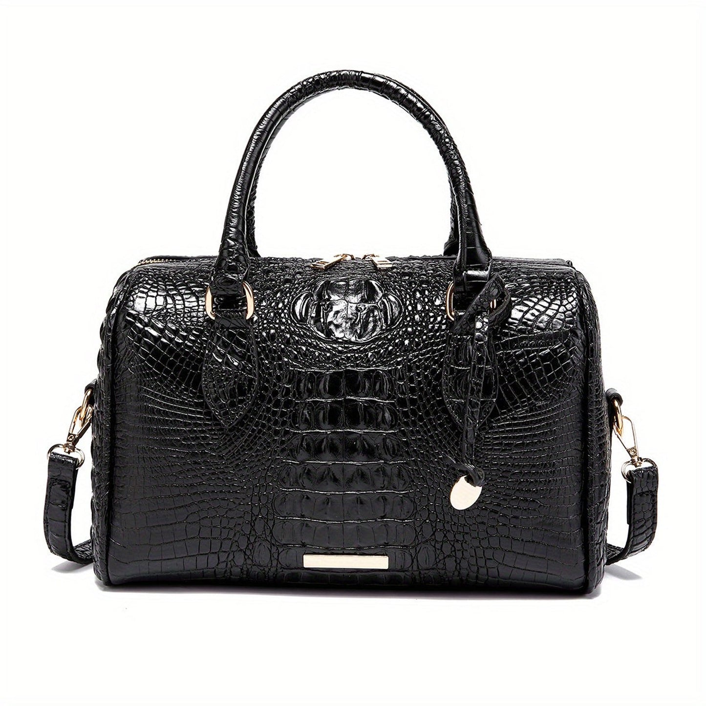LuckeLadybug large capacity satchel bag for women in black crocodile pattern with sturdy handles and detachable strap