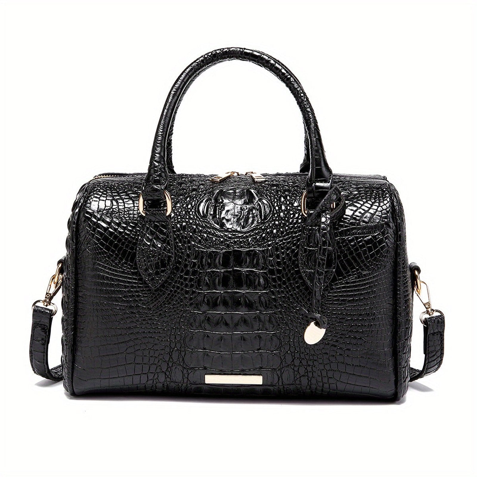 LuckeLadybug large capacity satchel bag for women in black crocodile pattern with sturdy handles and detachable strap