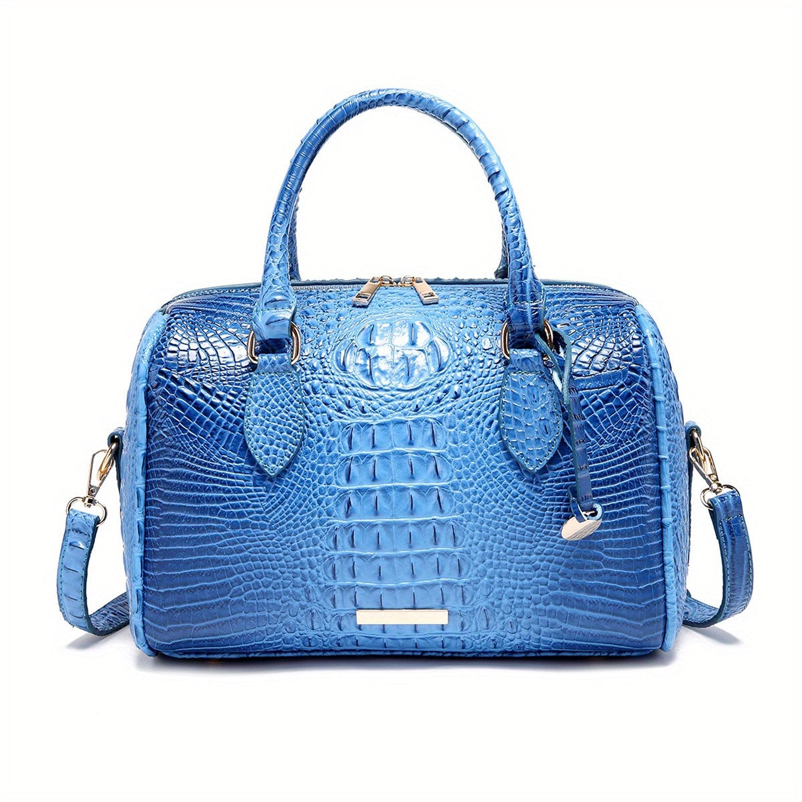 LuckeLadybug LLC large capacity satchel bag for women in blue croc-embossed leather with top handles and adjustable strap