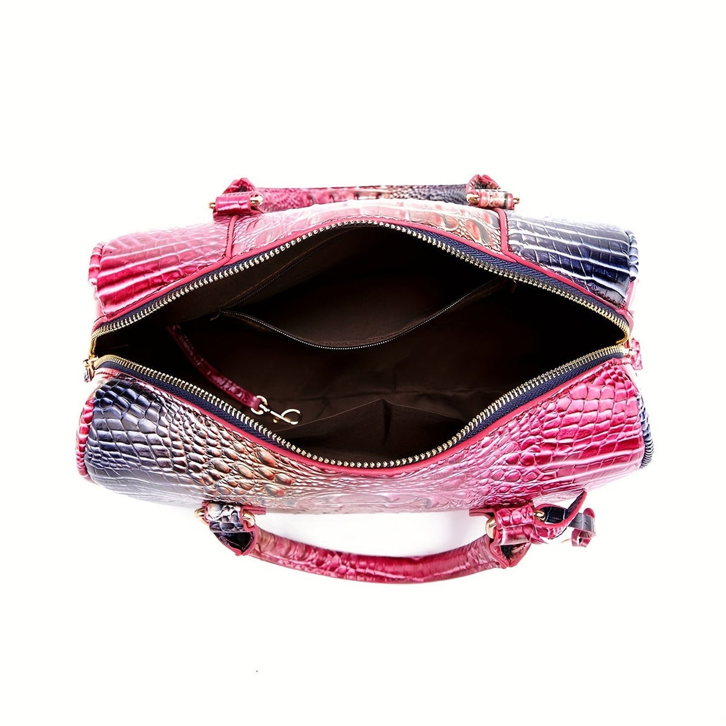 Top view of a stylish large capacity satchel bag for women with a vibrant crocodile texture