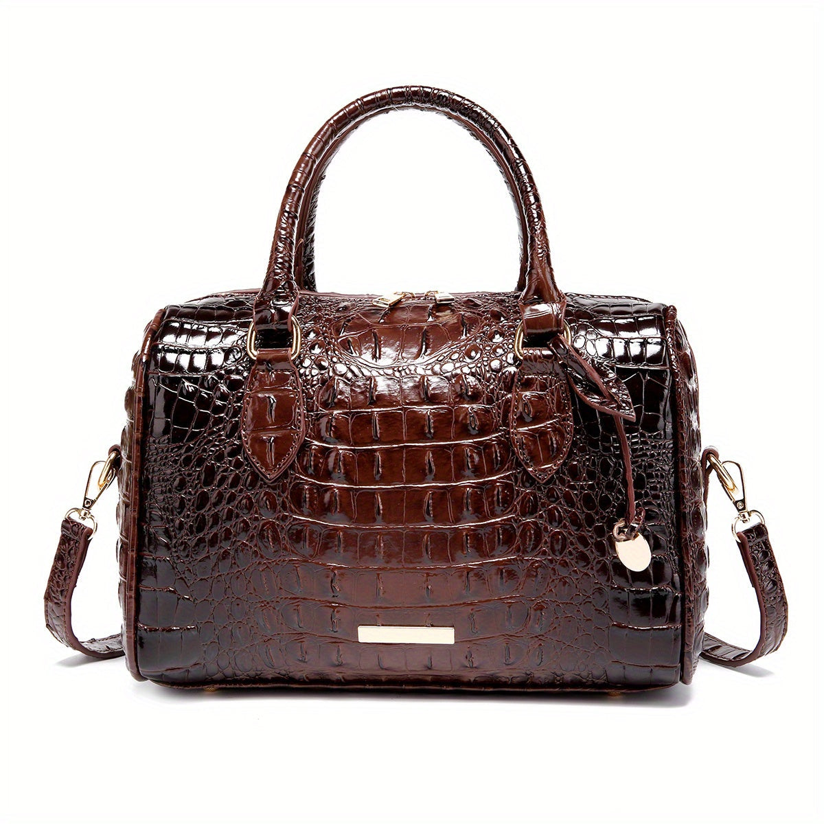 Luxurious brown leather large capacity satchel bag for women with crocodile texture and stylish handles