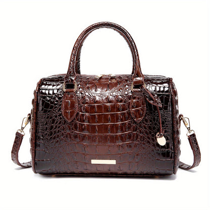 Luxurious brown leather large capacity satchel bag for women with crocodile texture and stylish handles