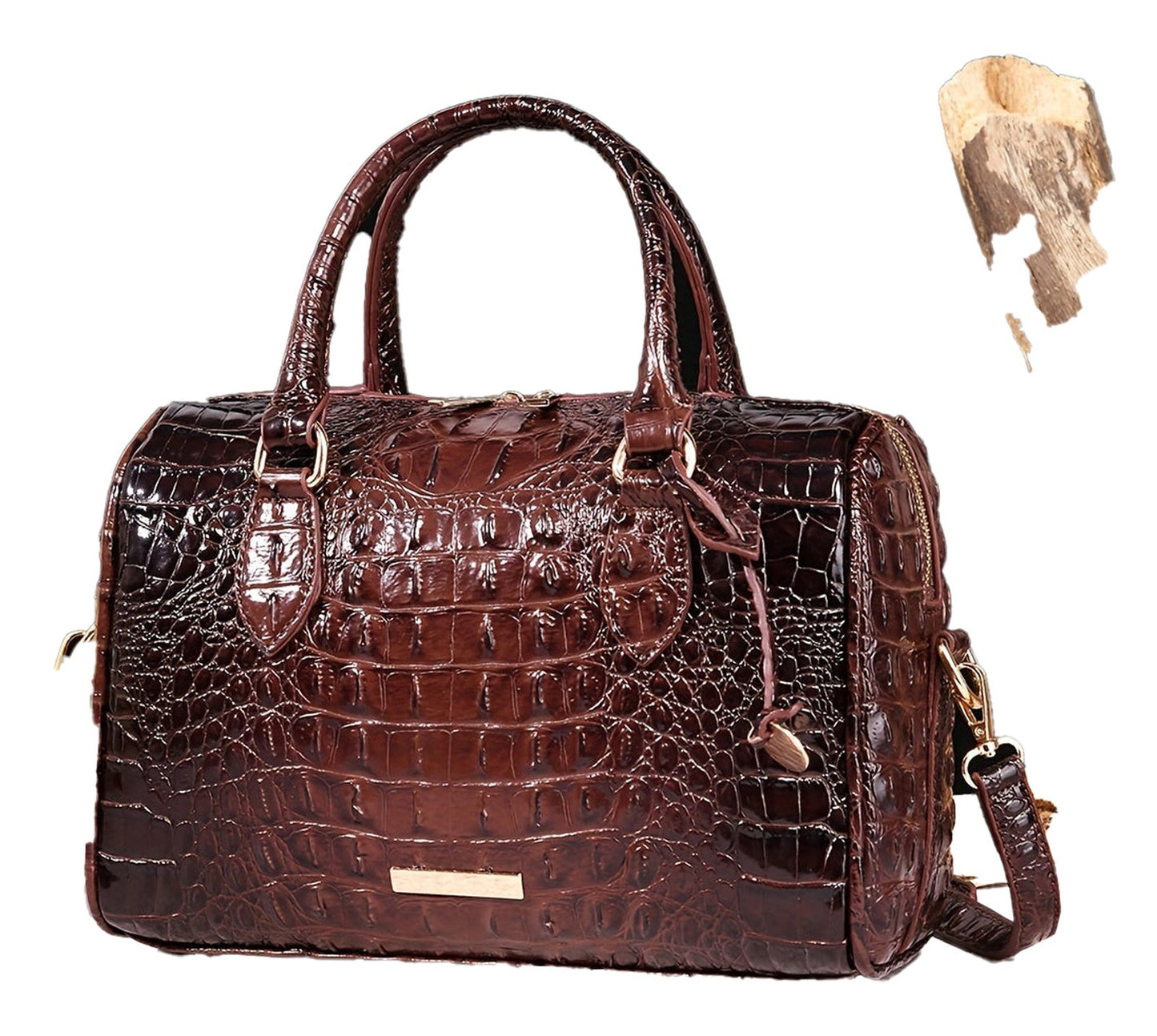 LuckeLadybug large capacity satchel bag for women in dark brown crocodile pattern with dual handles