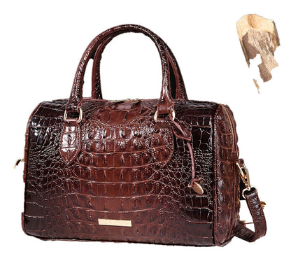 LuckeLadybug large capacity satchel bag for women in dark brown crocodile pattern with dual handles