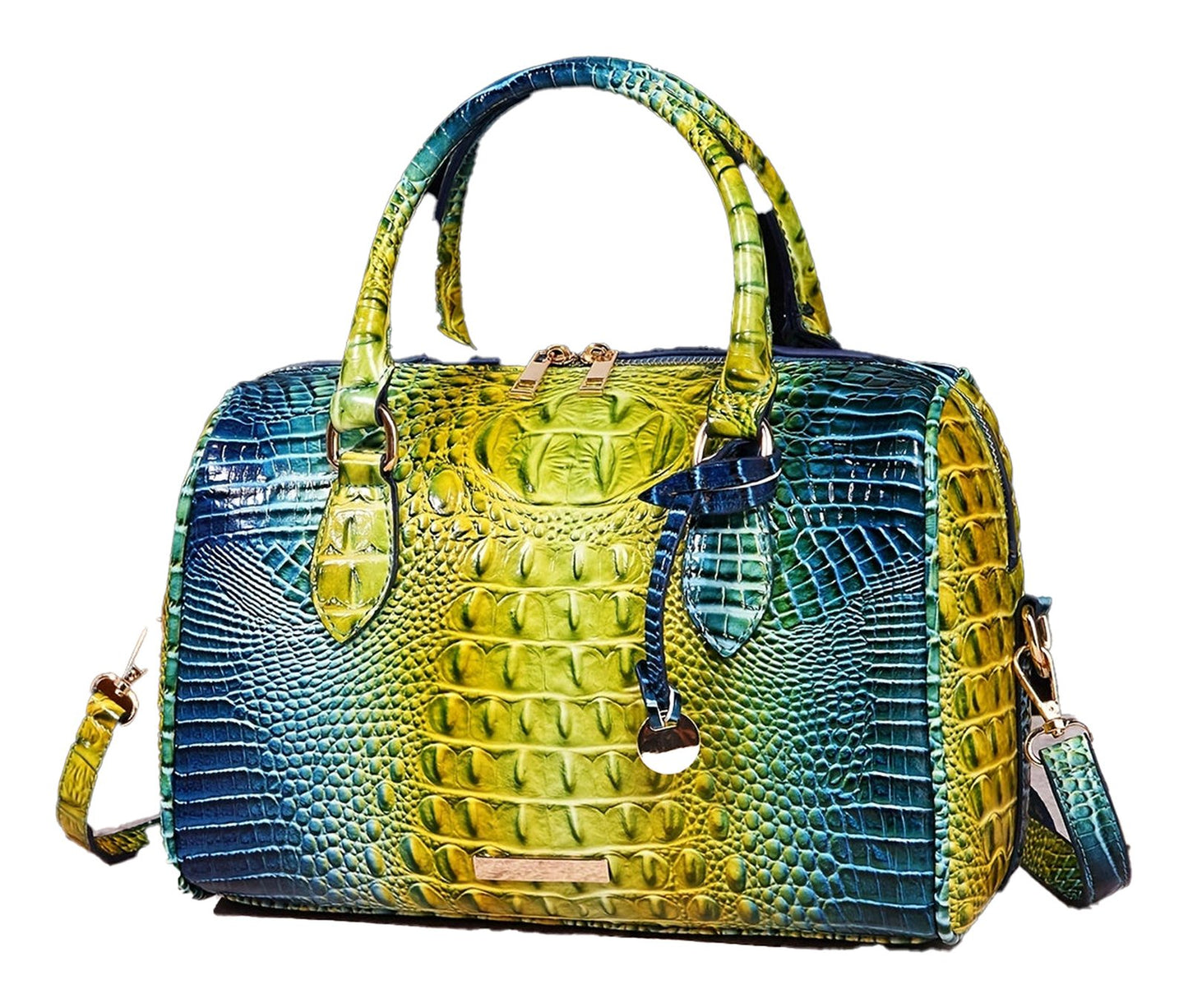 LuckeLadybug LLC large capacity satchel bag for women in vibrant green and blue crocodile pattern