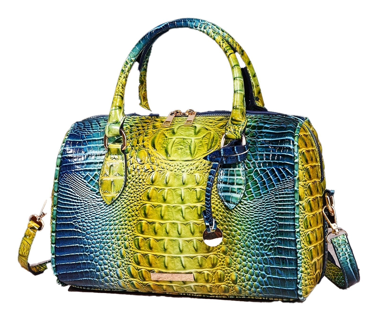 LuckeLadybug LLC large capacity satchel bag for women in vibrant green and blue crocodile pattern