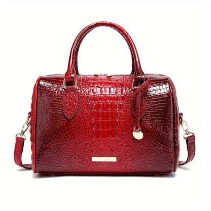 Stylish red crocodile pattern large capacity satchel bag for women with dual handles and adjustable strap