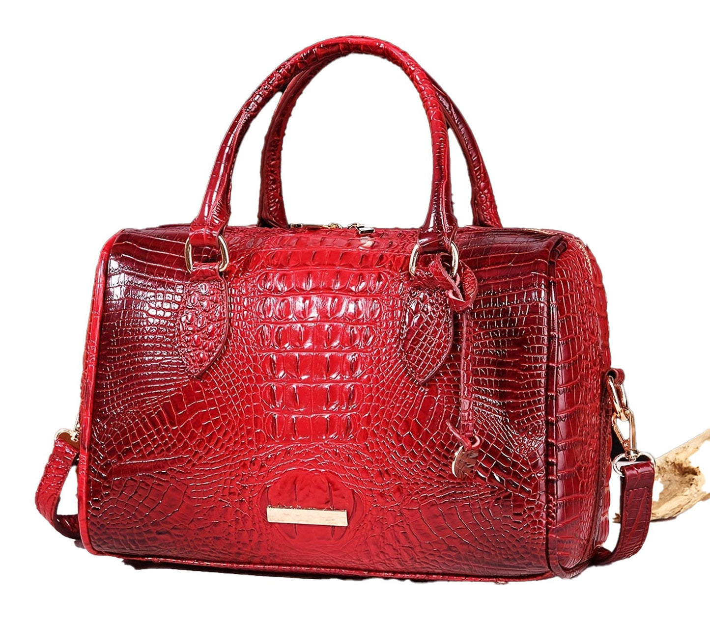 Red crocodile-embossed large capacity satchel bag for women with dual handles and removable shoulder strap