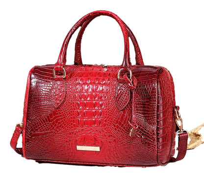 Red crocodile-embossed large capacity satchel bag for women with dual handles and removable shoulder strap