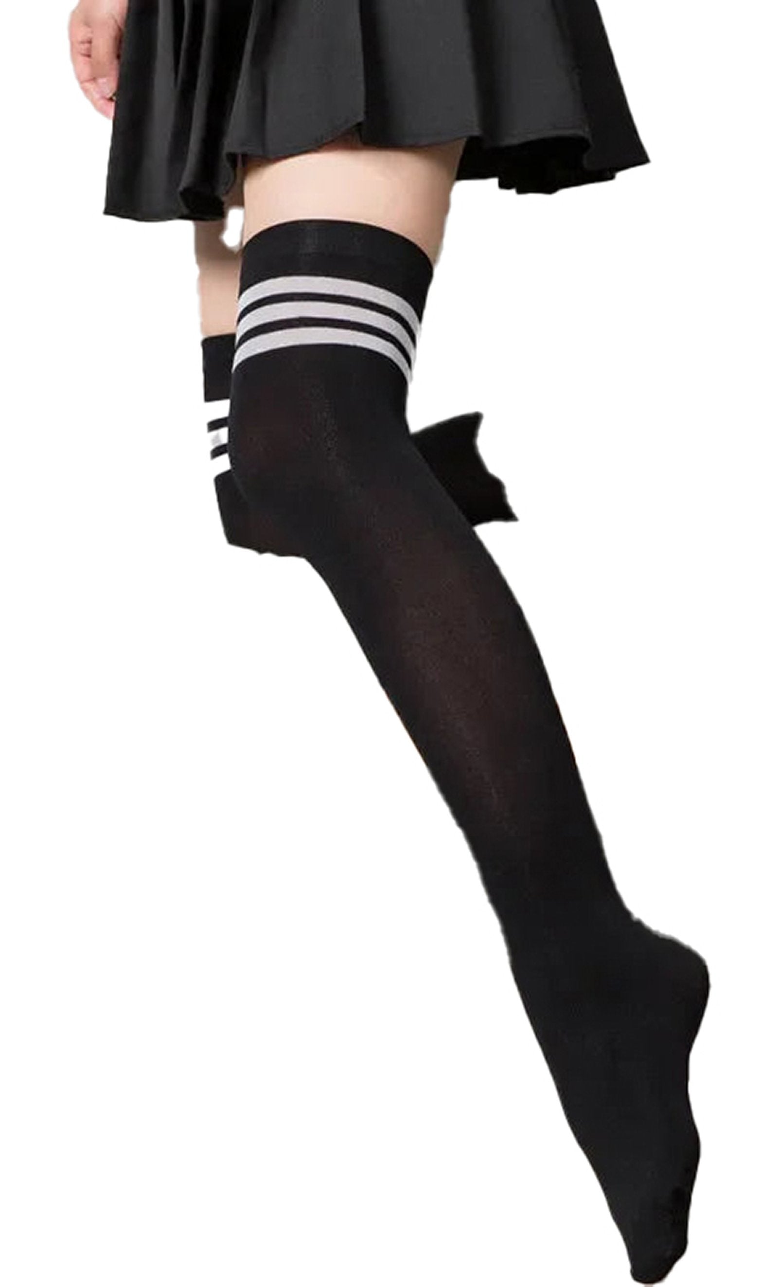 LuckeLadybug LLC women's over the knee socks in black with striped design for stylish legwear