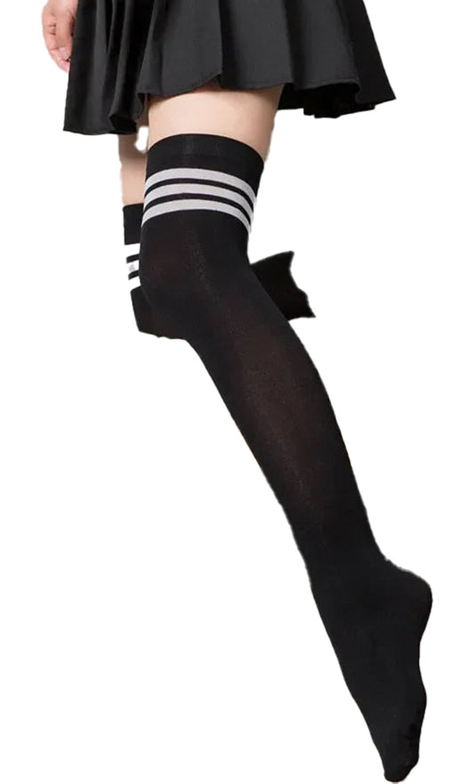 LuckeLadybug LLC women's over the knee socks in black with striped design for stylish legwear