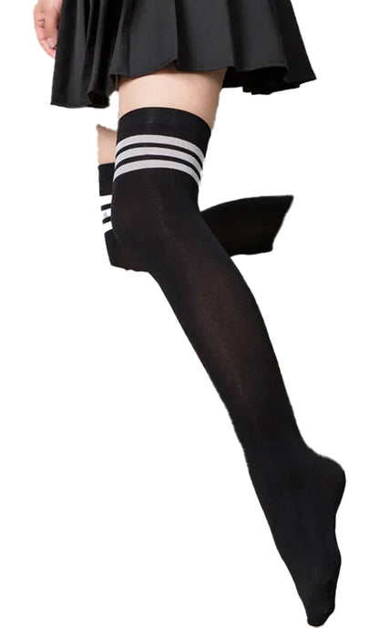 LuckeLadybug LLC Women's Over the Knee Socks in Black with Three Stripes for Trendy Fashion