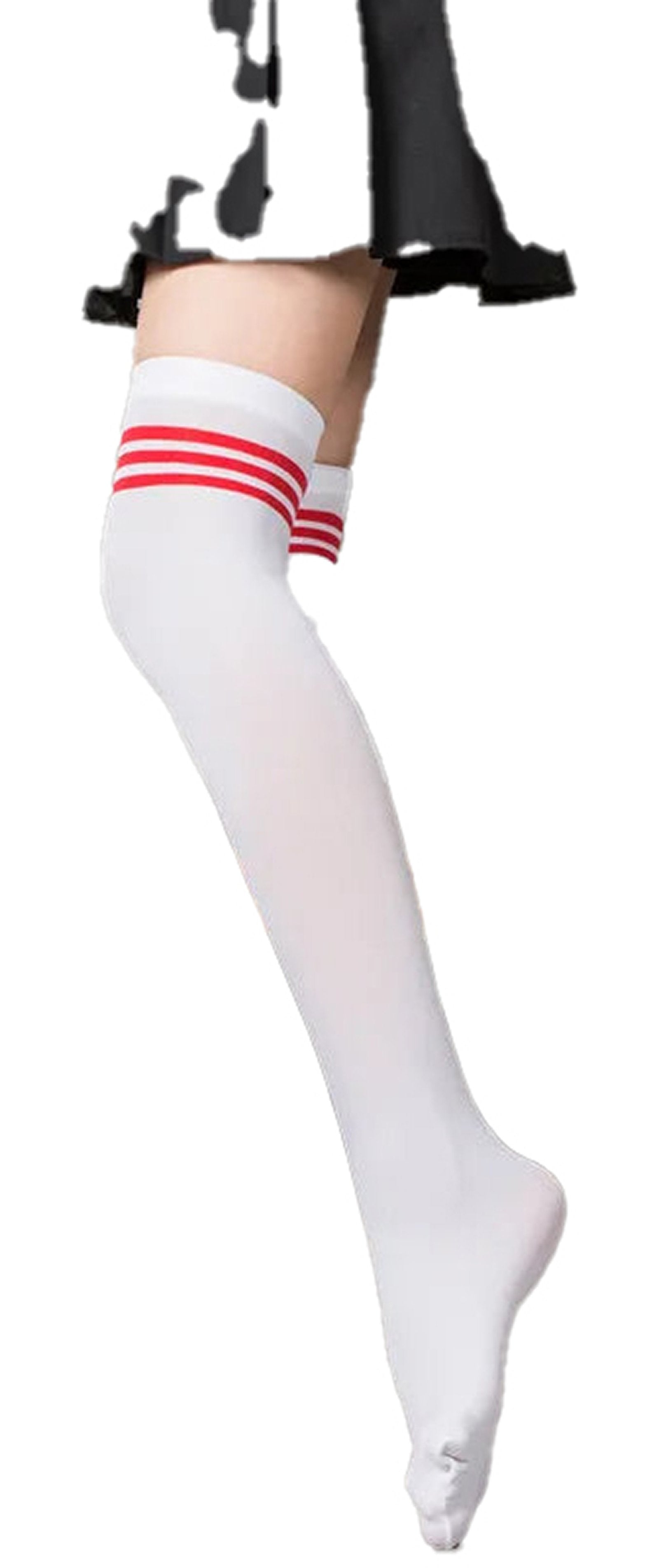 LuckeLadybug women's over the knee socks in white with red stripes for stylish legwear