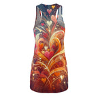 women's abstract heart dress racerback style with colorful heart patterns on a dark background