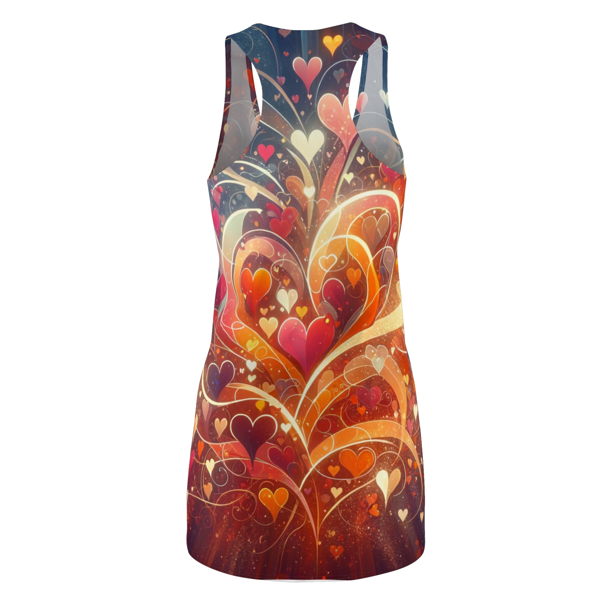 women's abstract heart dress racerback style with colorful heart patterns on a dark background