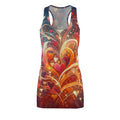 women's abstract heart dress racerback style with colorful swirling heart patterns