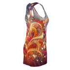 women's abstract heart dress racerback style with vibrant multicolor heart patterns
