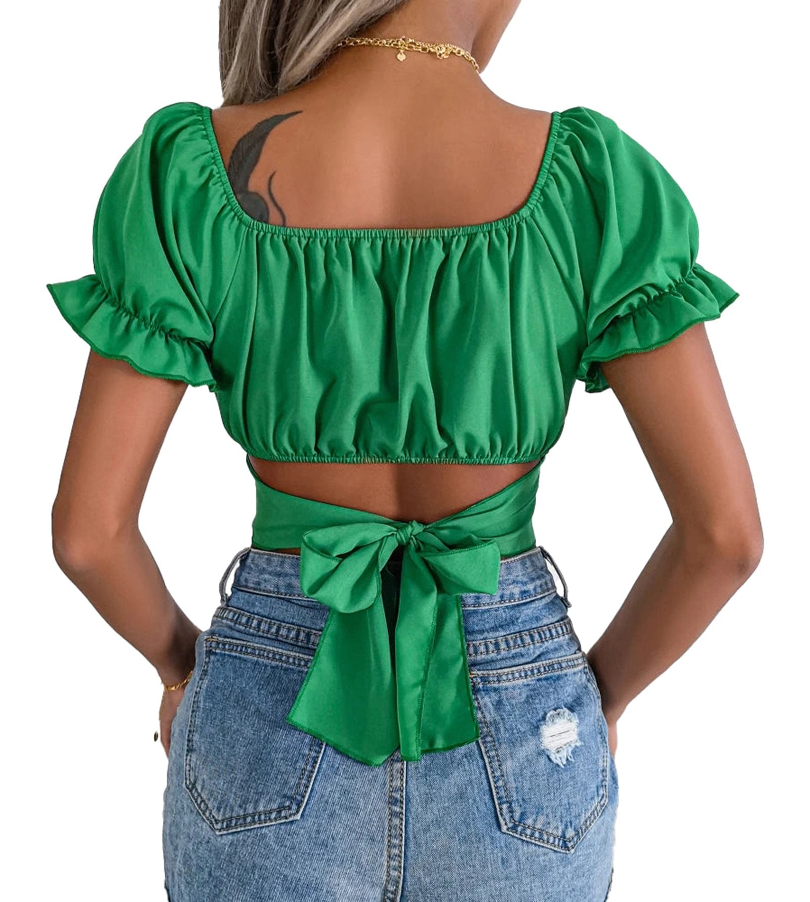 Green women's square neck crop top with puff sleeves and tied back detail for a trendy summer look