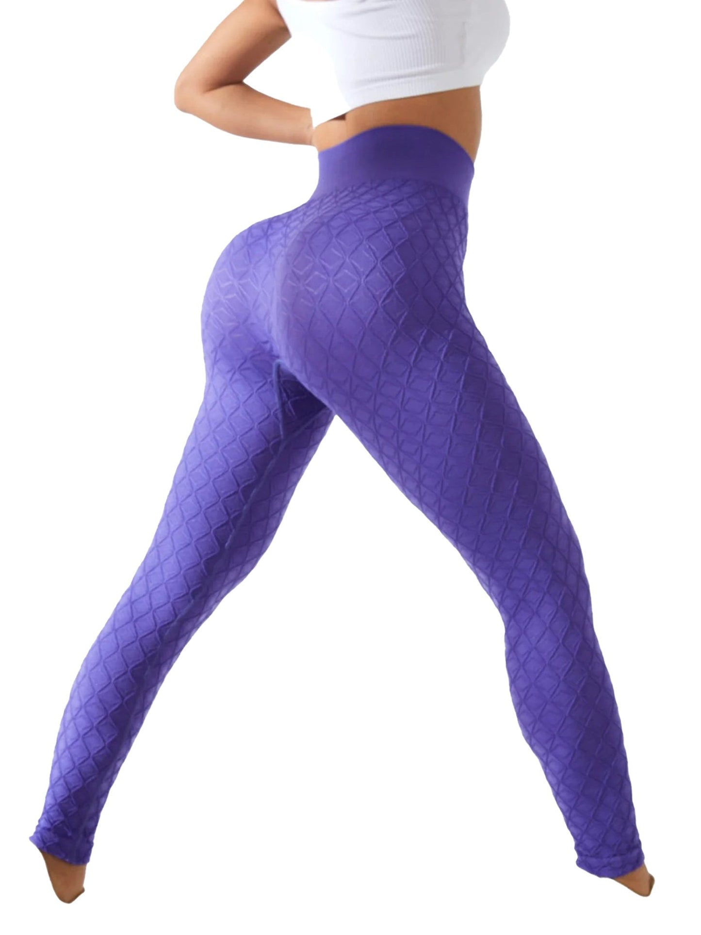Purple seamless scrunch leggings for women with a textured diamond pattern for a flattering fit
