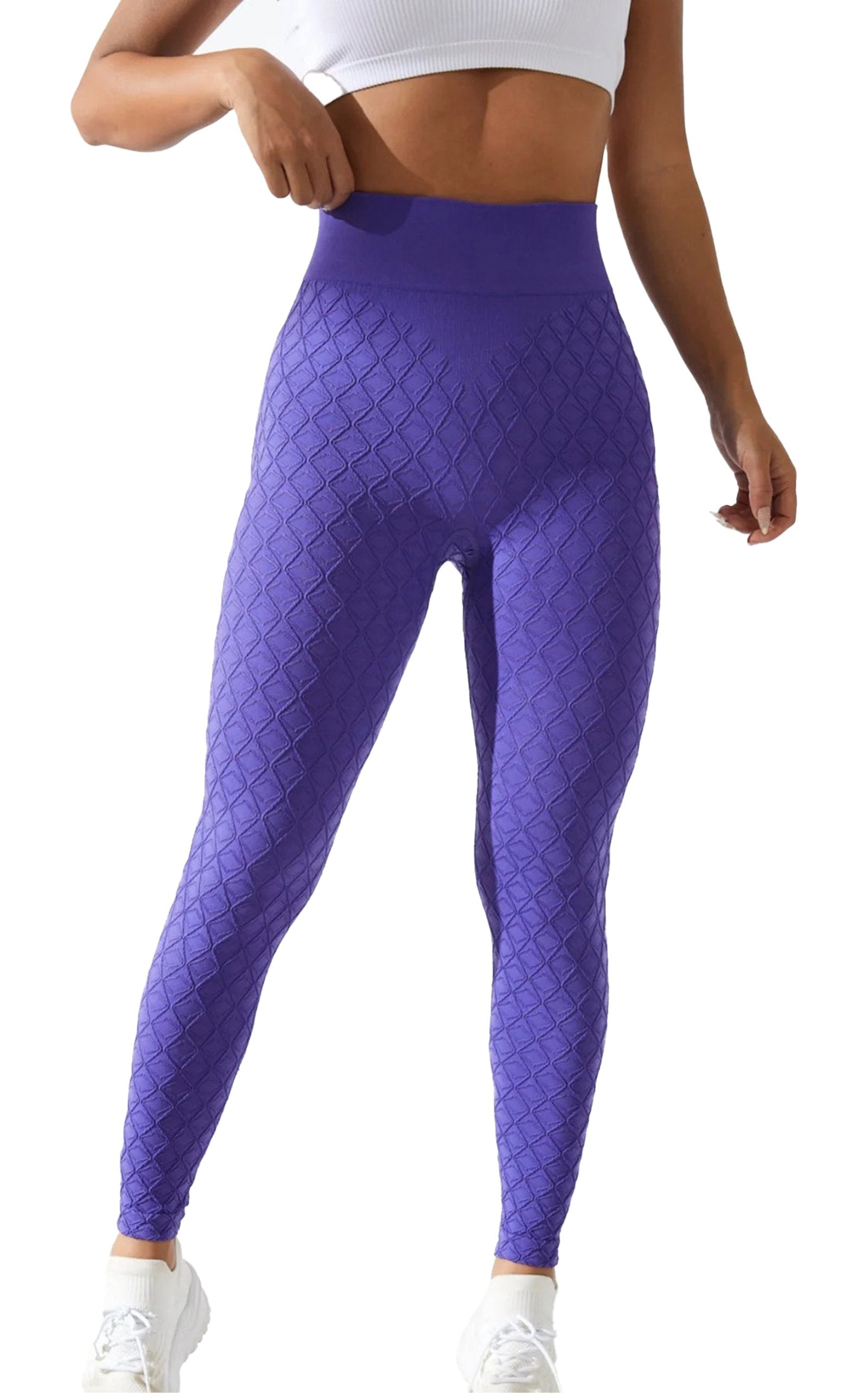 Purple seamless scrunch leggings for women featuring a textured design and high waistband