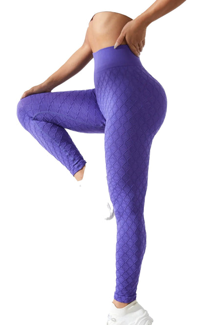 Purple seamless scrunch leggings for women with a stylish diamond pattern and high waist design