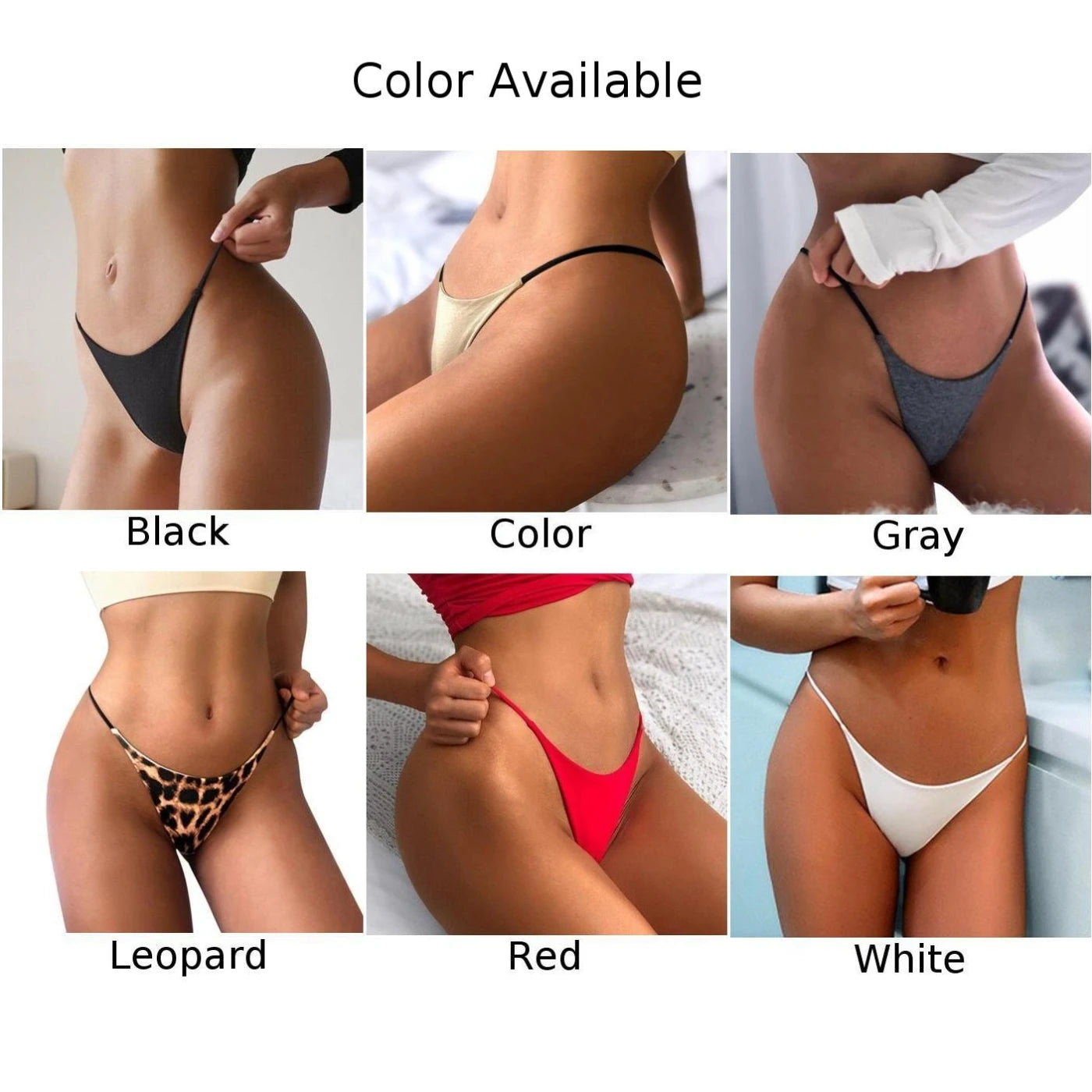 Seamless thong underwear for women in various colors including black, gray, leopard, red, and white
