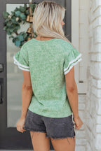 Green short sleeve women blouse with striped design and lace trim, perfect for casual summer outings