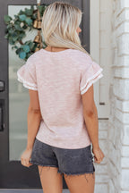 Back view of a pink striped short sleeve women blouse by LuckeLadybug with ruffled sleeves