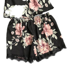 LuckeLadybug LLC women silk satin lace sleepwear set featuring floral design and comfortable shorts