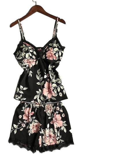 LuckeLadybug women's silk satin lace sleepwear set with floral design in black and pink colors