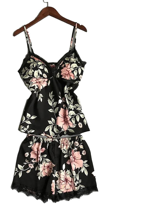 LuckeLadybug women's silk satin lace sleepwear set with floral design in black and pink colors