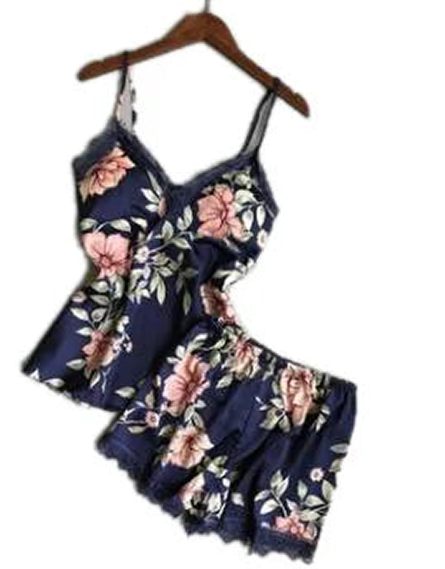 LuckeLadybug LLC women silk satin lace sleepwear set featuring floral design in navy and soft lace trim