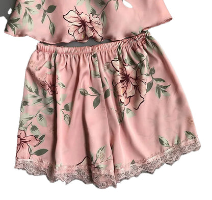 LuckeLadybug women's silk satin lace sleepwear set in pink with floral design and lace trim