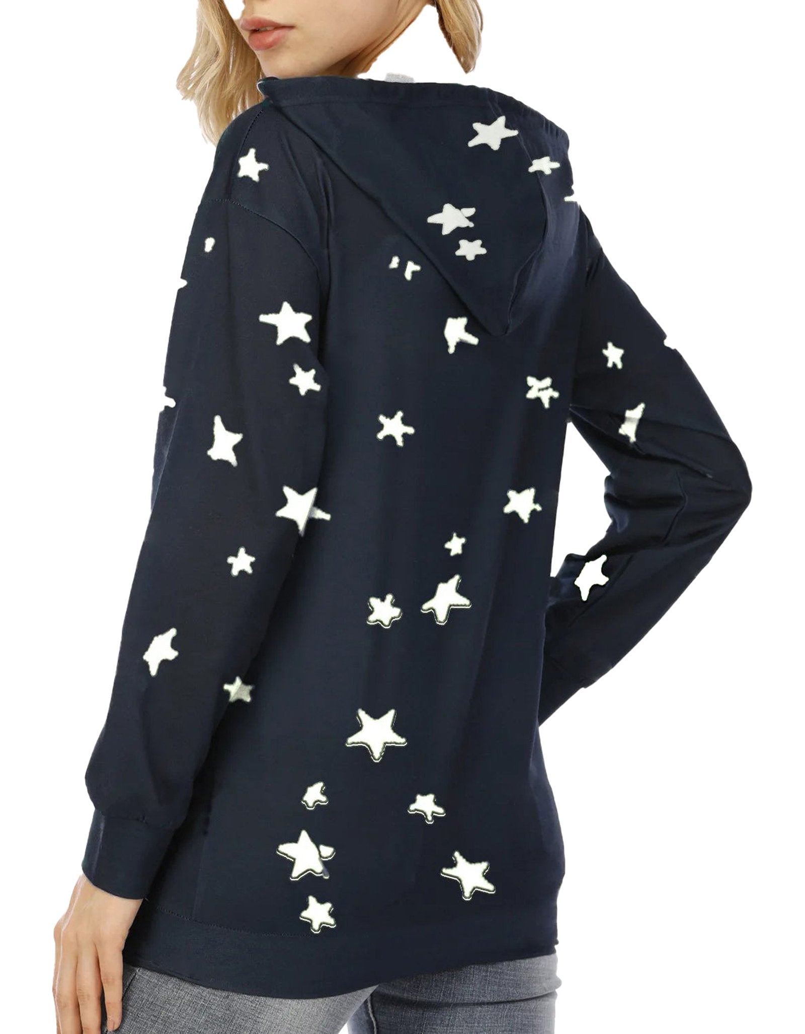 Classic navy star print oversized hoodie for women featuring a cozy hood and playful star design