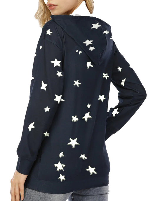 Classic navy star print oversized hoodie for women featuring a cozy hood and playful star design