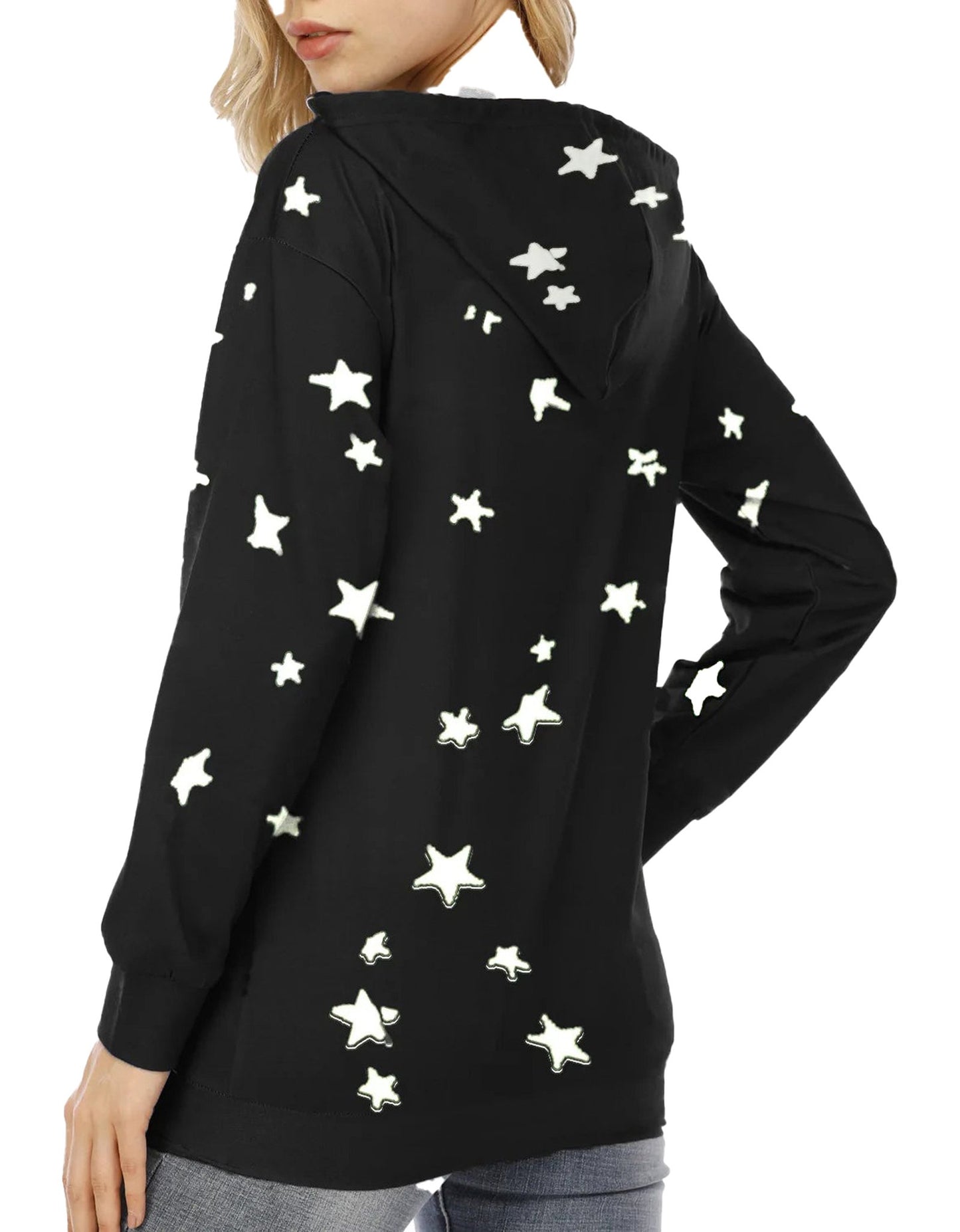 Black star print oversized hoodie for women featuring a comfortable fit and stylish design
