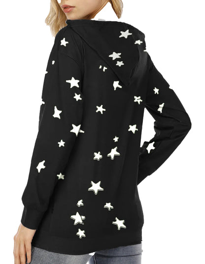 Black star print oversized hoodie for women featuring a comfortable fit and stylish design